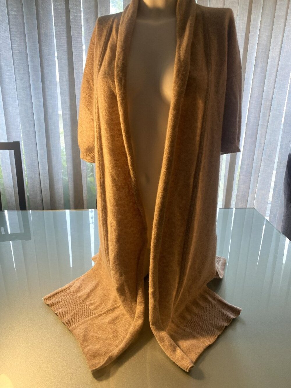 Tahari Tan 100% Cashmere Wrap Short Sleeves Long Cardigan Size M Medium Soft